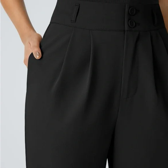 Halara High Waisted Button Zipper Side Pocket Shirred Straight Leg Work Pants - Picture 4 of 6